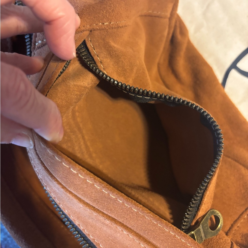 Parker Thatch Caramel Suede Sling Bag - Picture 11 of 13